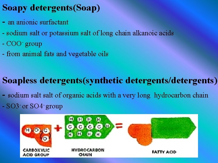 Soapy detergents(Soap) - an anionic surfactant - sodium salt or potassium salt of long