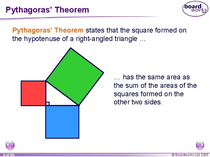 Pythagoras’ Theorem states that the square formed on the hypotenuse of a right-angled triangle Pythagoras’ Theorem states that the square formed on the hypotenuse of a right-angled triangle