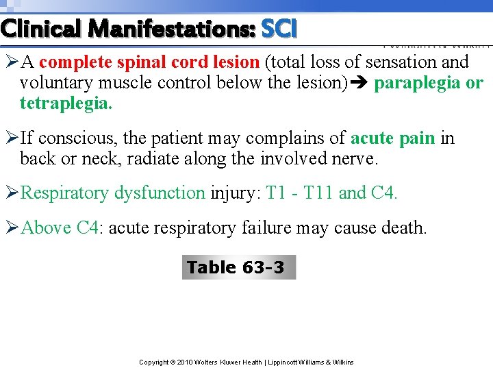 Clinical Manifestations: SCI ØA complete spinal cord lesion (total loss of sensation and voluntary Clinical Manifestations: SCI ØA complete spinal cord lesion (total loss of sensation and voluntary