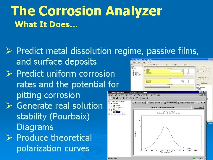 The Corrosion Analyzer What It Does… Ø Predict metal dissolution regime, passive films, and