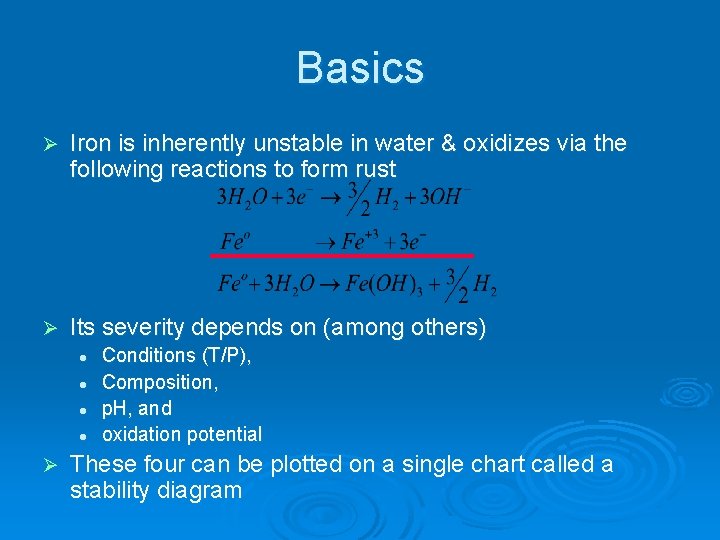 Basics Ø Iron is inherently unstable in water & oxidizes via the following reactions