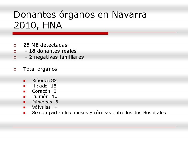 Donantes órganos en Navarra 2010, HNA o 25 ME detectadas - 18 donantes reales