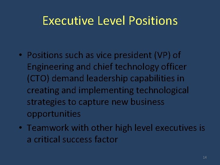 Executive Level Positions • Positions such as vice president (VP) of Engineering and chief