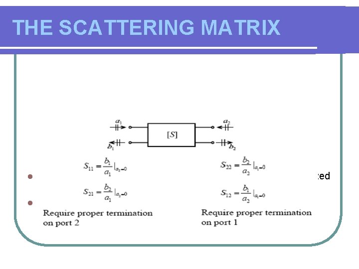 THE SCATTERING MATRIX Input-output behavior of network is defined in terms of normalized power