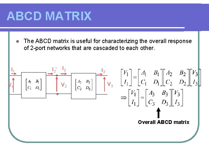 ABCD MATRIX l I 1 V 1 The ABCD matrix is useful for characterizing