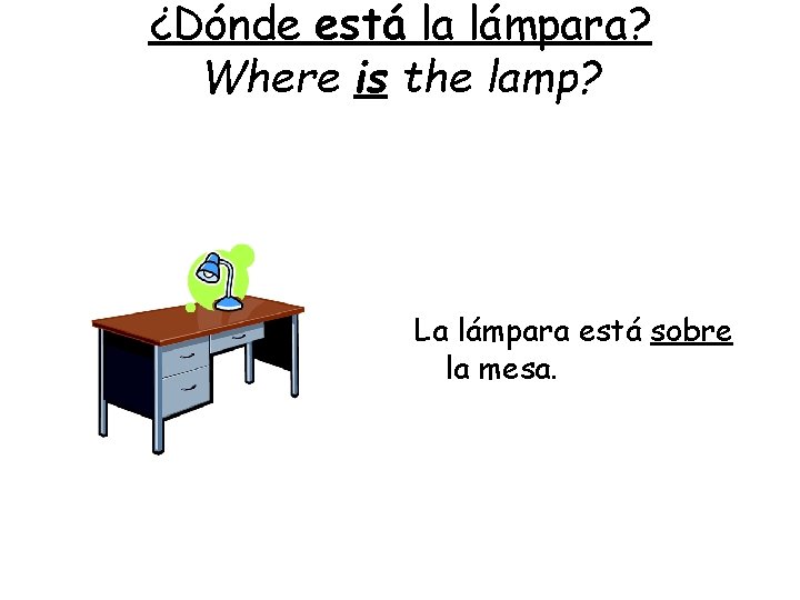 ¿Dónde está la lámpara? Where is the lamp? La lámpara está sobre la mesa.