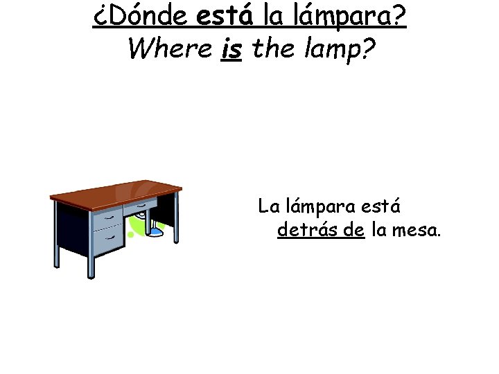 ¿Dónde está la lámpara? Where is the lamp? La lámpara está detrás de la