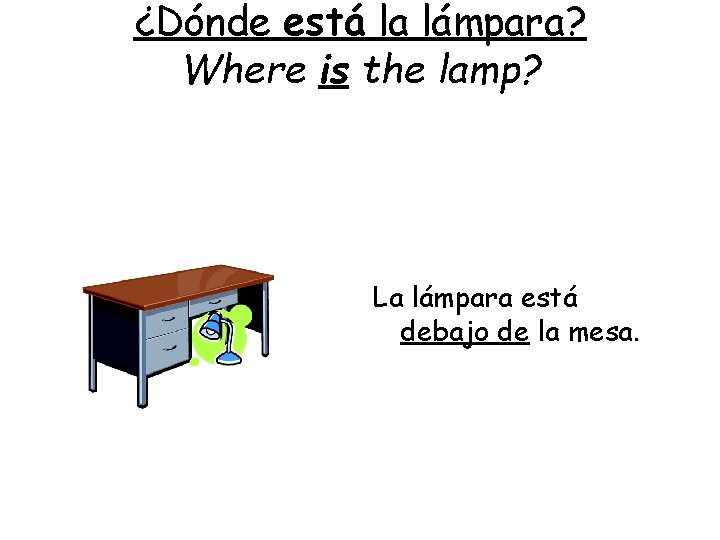 ¿Dónde está la lámpara? Where is the lamp? La lámpara está debajo de la