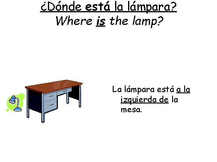 ¿Dónde está la lámpara? Where is the lamp? La lámpara está a la izquierda