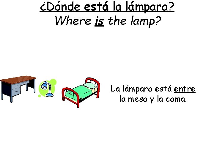 ¿Dónde está la lámpara? Where is the lamp? La lámpara está entre la mesa