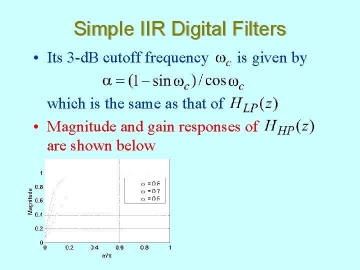 Simple IIR Digital Filters • Its 3 -d. B cutoff frequency is given by