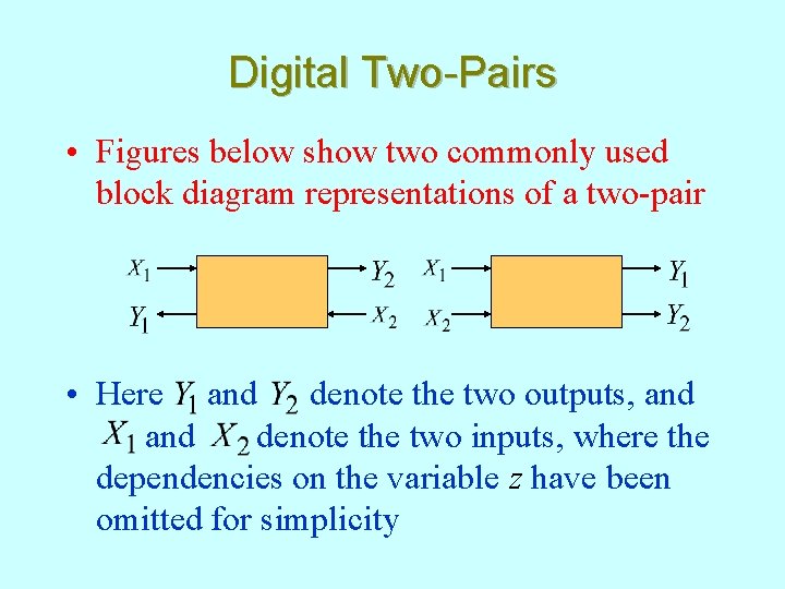 Digital Two-Pairs • Figures below show two commonly used block diagram representations of a