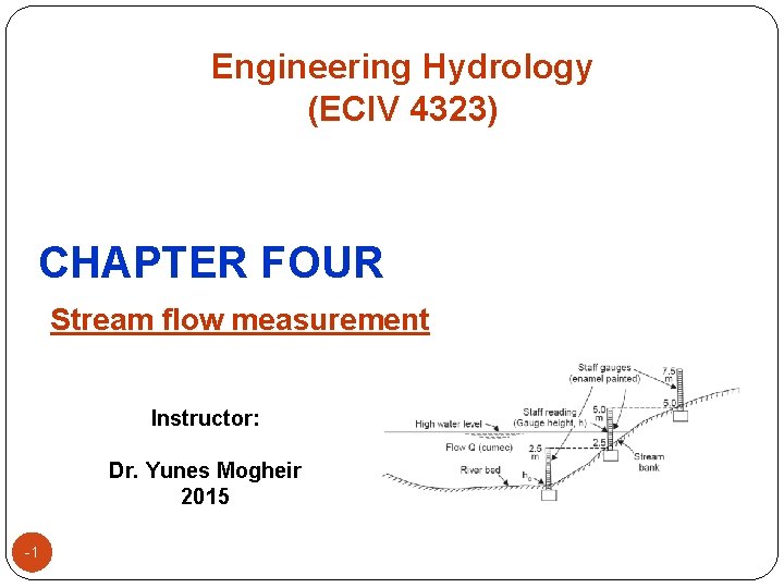 Engineering Hydrology (ECIV 4323) CHAPTER FOUR Stream flow measurement Instructor: Dr. Yunes Mogheir 2015 Engineering Hydrology (ECIV 4323) CHAPTER FOUR Stream flow measurement Instructor: Dr. Yunes Mogheir 2015