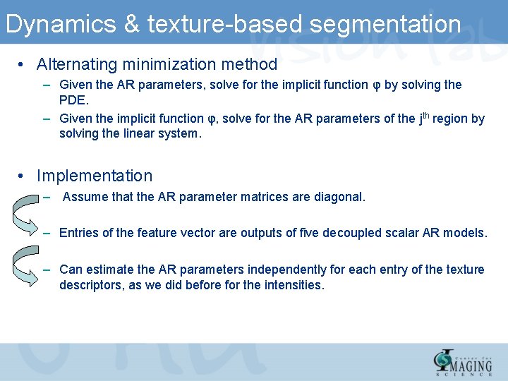 Dynamics & texture-based segmentation • Alternating minimization method – Given the AR parameters, solve