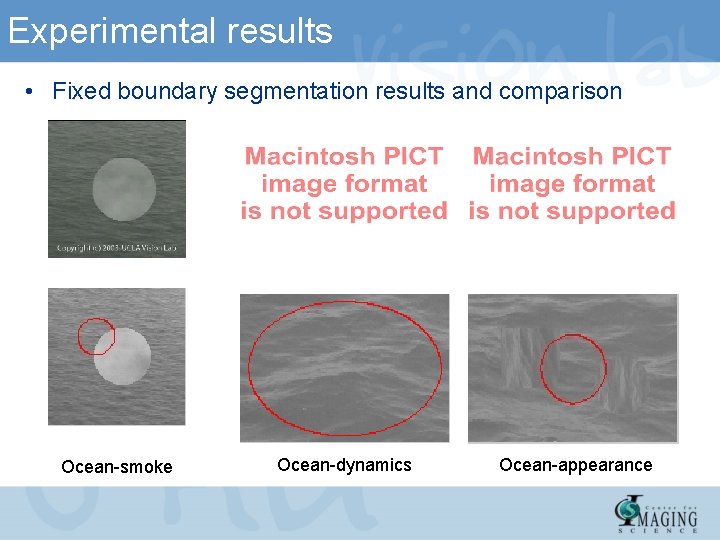 Experimental results • Fixed boundary segmentation results and comparison Ocean-smoke Ocean-dynamics Ocean-appearance 
