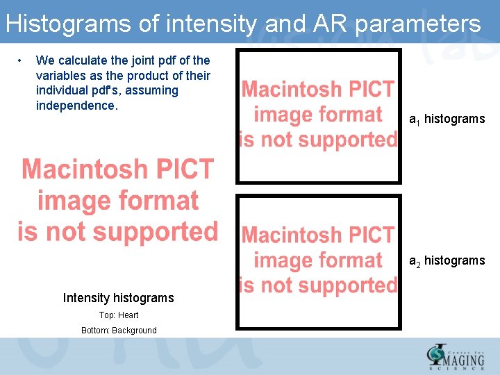 Histograms of intensity and AR parameters • We calculate the joint pdf of the