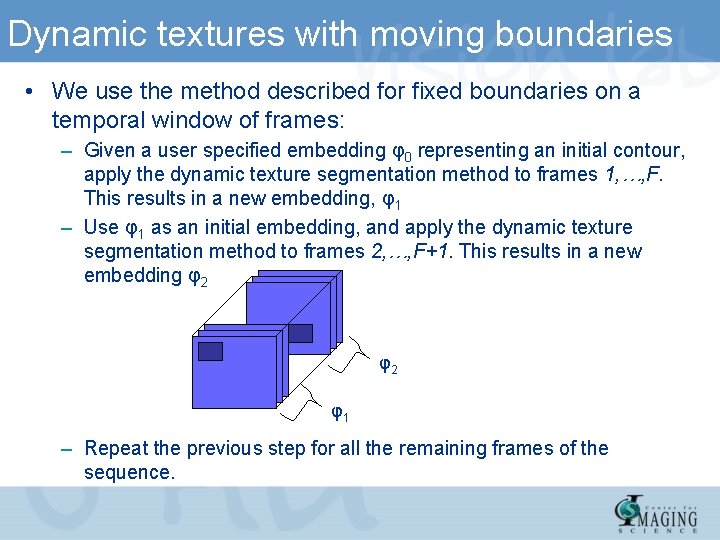 Dynamic textures with moving boundaries • We use the method described for fixed boundaries