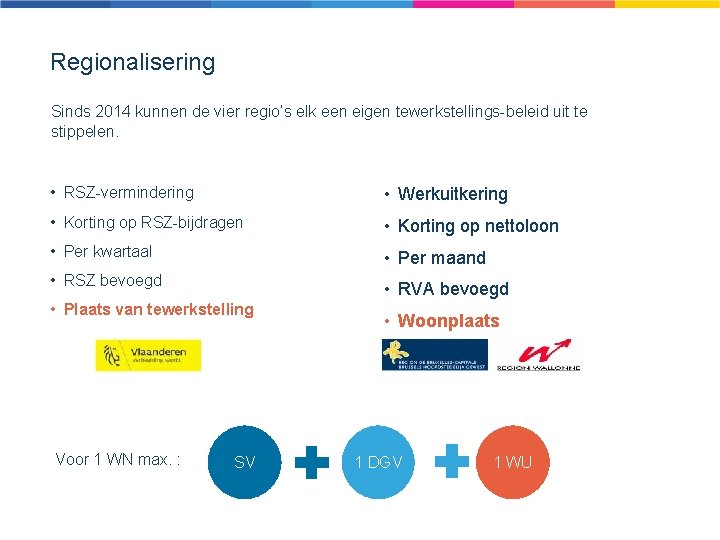 Regionalisering Sinds 2014 kunnen de vier regio’s elk een eigen tewerkstellings-beleid uit te stippelen.