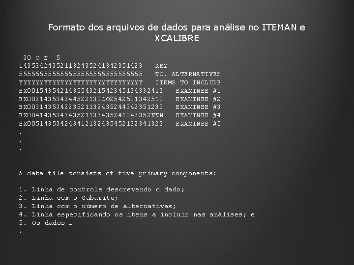 Formato dos arquivos de dados para análise no ITEMAN e XCALIBRE 30 O N