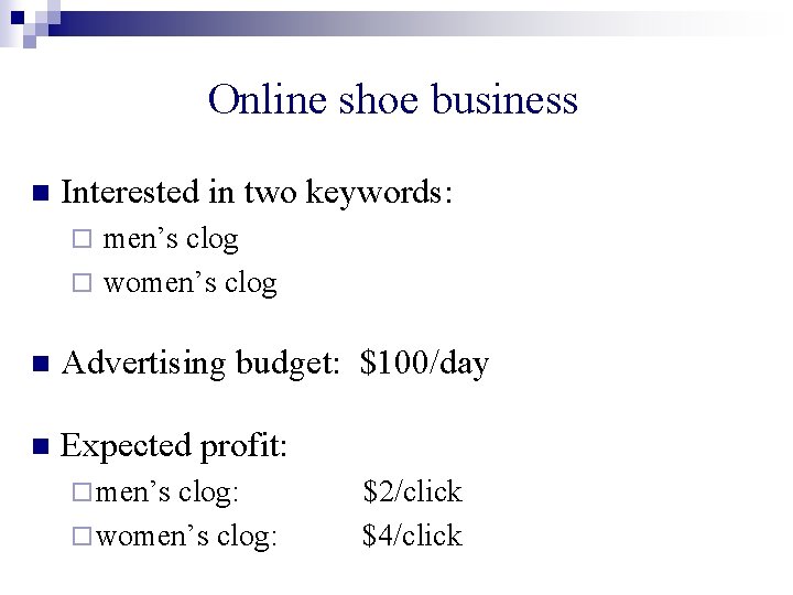 Online shoe business n Interested in two keywords: men’s clog ¨ women’s clog ¨