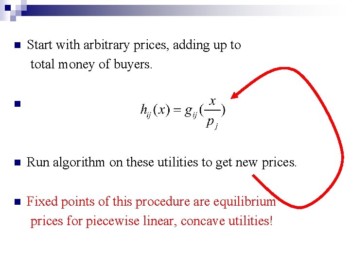 n Start with arbitrary prices, adding up to total money of buyers. n n