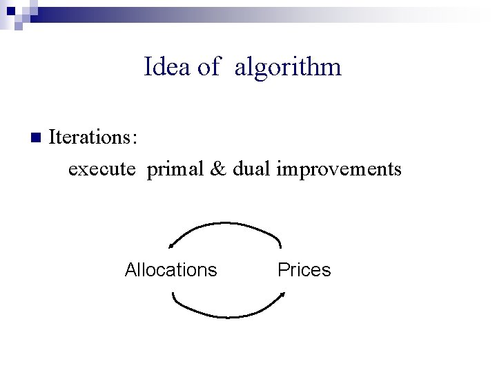 Idea of algorithm n Iterations: execute primal & dual improvements Allocations Prices 
