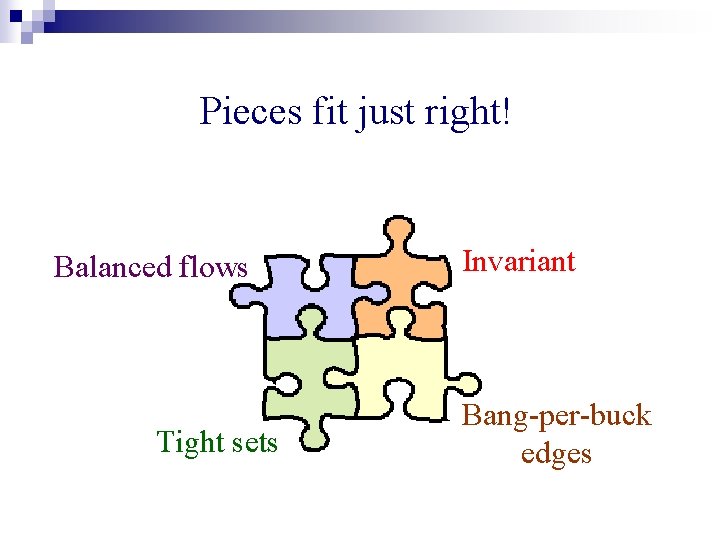 Pieces fit just right! Balanced flows Tight sets Invariant Bang-per-buck edges 