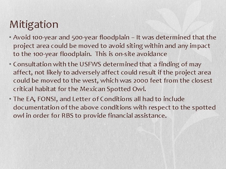 Mitigation • Avoid 100 -year and 500 -year floodplain – It was determined that