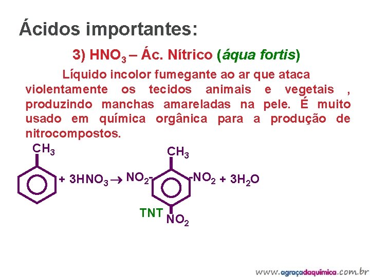 Ácidos importantes: 3) HNO 3 – Ác. Nítrico (áqua fortis) Líquido incolor fumegante ao