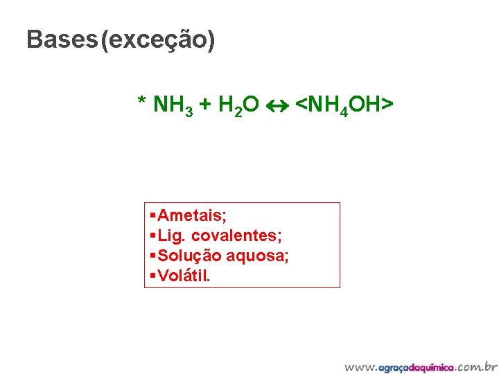 Bases (exceção) * NH 3 + H 2 O <NH 4 OH> §Ametais; §Lig.