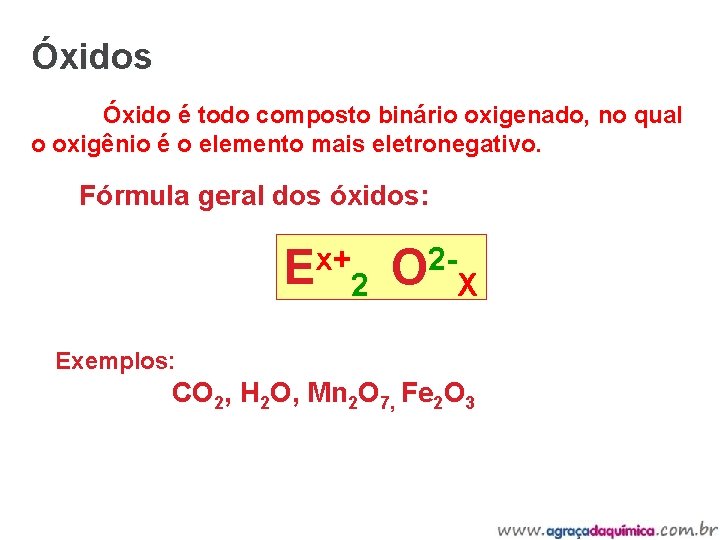 Óxidos Óxido é todo composto binário oxigenado, no qual o oxigênio é o elemento