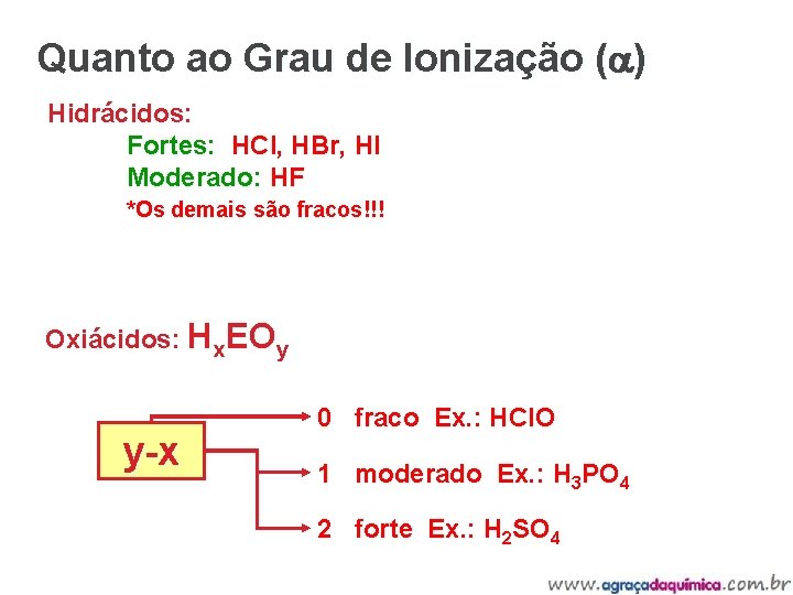 Quanto ao Grau de Ionização (a) Hidrácidos: Fortes: HCl, HBr, HI Moderado: HF *Os