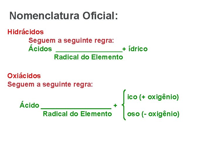 Nomenclatura Oficial: Hidrácidos Seguem a seguinte regra: Ácidos + ídrico Radical do Elemento Oxiácidos