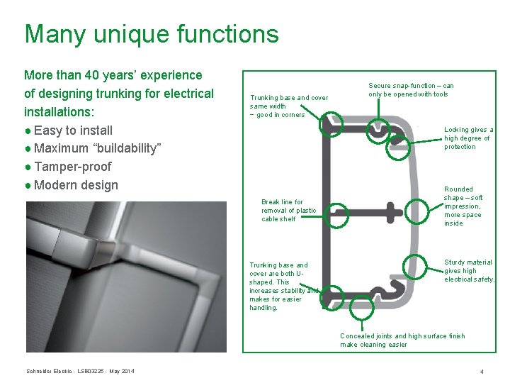 Many unique functions More than 40 years’ experience of designing trunking for electrical installations: