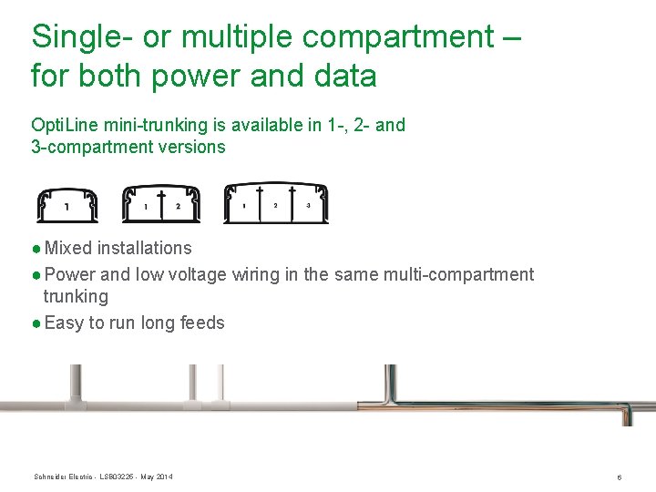 Single- or multiple compartment – for both power and data Opti. Line mini-trunking is