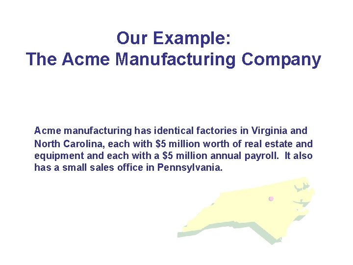 Our Example: The Acme Manufacturing Company Acme manufacturing has identical factories in Virginia and