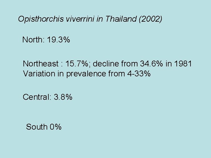 Opisthorchis viverrini in Thailand (2002) North: 19. 3% Northeast : 15. 7%; decline from