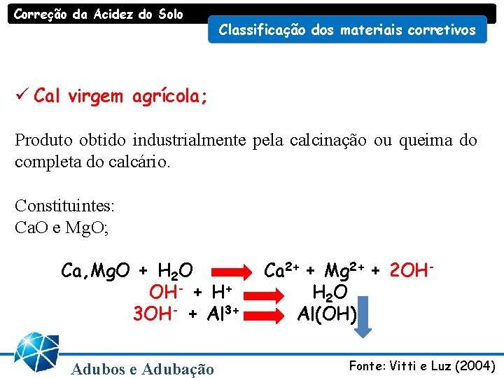 Correção da Acidez do Solo Classificação dos materiais corretivos ü Cal virgem agrícola; Produto