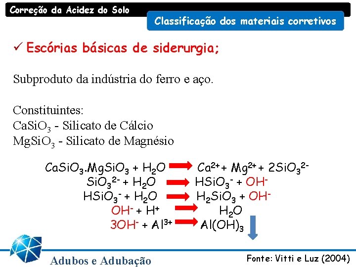 Correção da Acidez do Solo Classificação dos materiais corretivos ü Escórias básicas de siderurgia; Correção da Acidez do Solo Classificação dos materiais corretivos ü Escórias básicas de siderurgia;