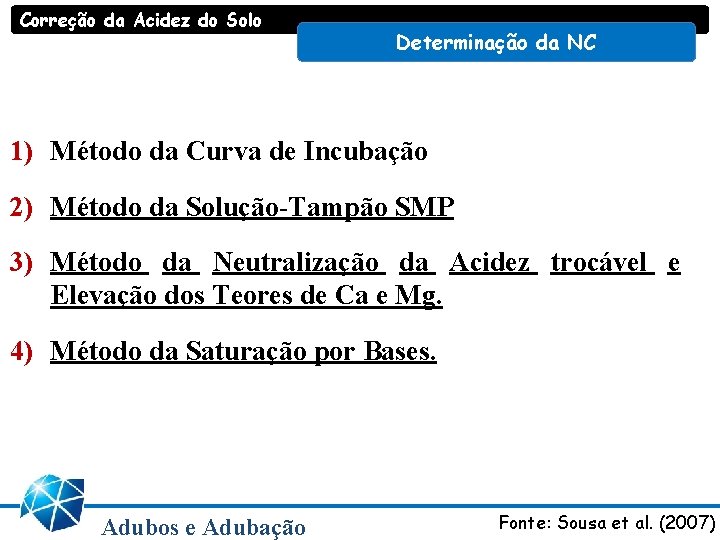 Correção da Acidez do Solo Determinação da NC 1) Método da Curva de Incubação