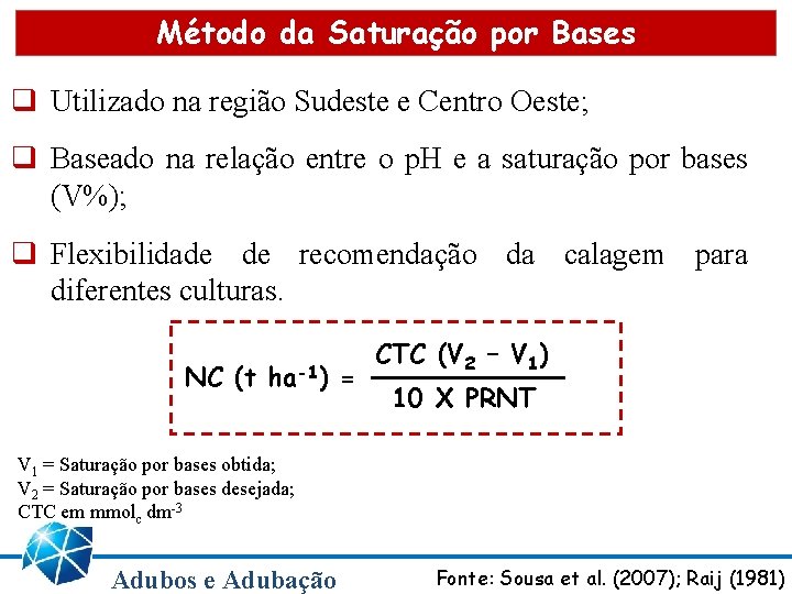 Método da Saturação por Bases q Utilizado na região Sudeste e Centro Oeste; q