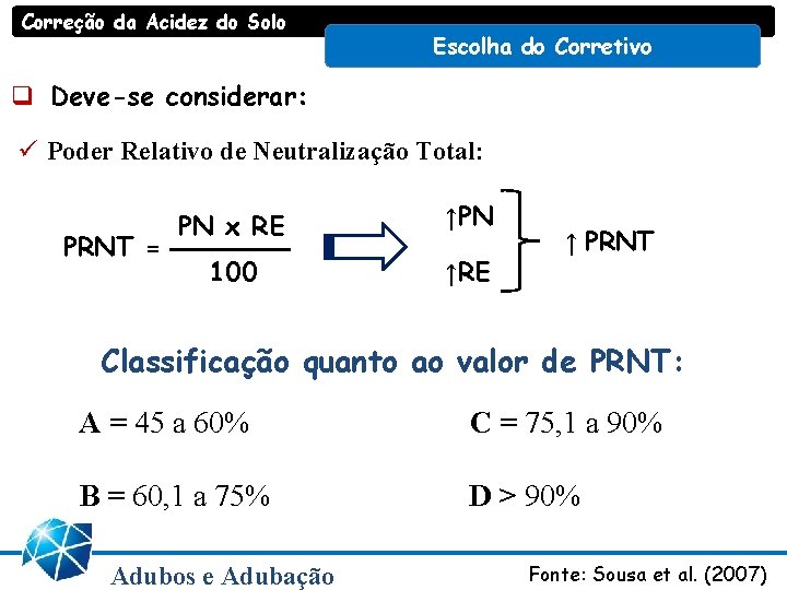 Correção da Acidez do Solo Escolha do Corretivo q Deve-se considerar: ü Poder Relativo