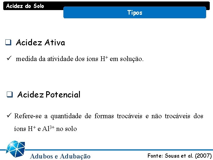 Acidez do Solo Tipos q Acidez Ativa ü medida da atividade dos íons H+ Acidez do Solo Tipos q Acidez Ativa ü medida da atividade dos íons H+