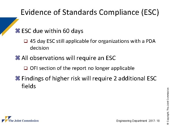 Evidence of Standards Compliance (ESC) z ESC due within 60 days q 45 day Evidence of Standards Compliance (ESC) z ESC due within 60 days q 45 day