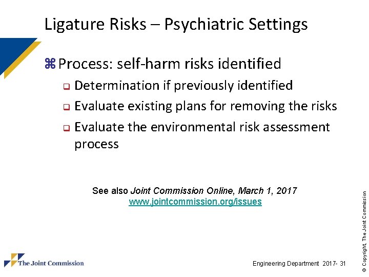 Ligature Risks – Psychiatric Settings See also Joint Commission Online, March 1, 2017 www. Ligature Risks – Psychiatric Settings See also Joint Commission Online, March 1, 2017 www.