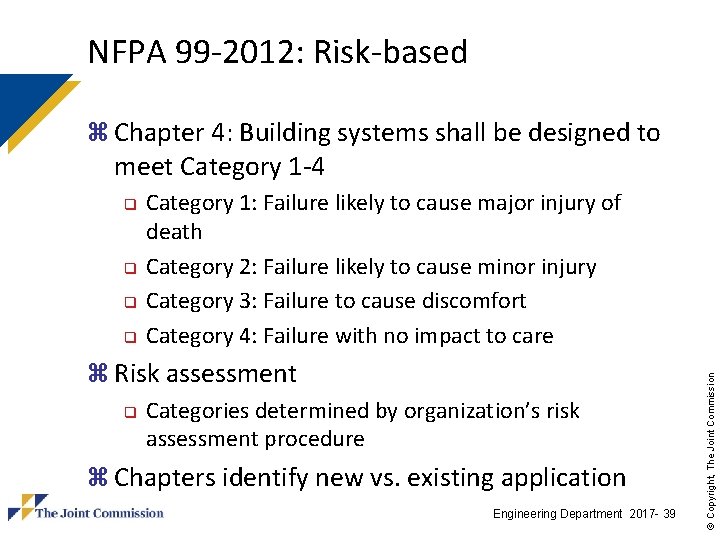 NFPA 99 -2012: Risk-based z Chapter 4: Building systems shall be designed to meet NFPA 99 -2012: Risk-based z Chapter 4: Building systems shall be designed to meet