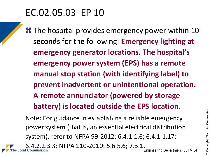 EC. 02. 05. 03 EP 10 seconds for the following: Emergency lighting at emergency EC. 02. 05. 03 EP 10 seconds for the following: Emergency lighting at emergency