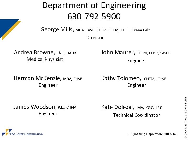 Department of Engineering 630 -792 -5900 George Mills, MBA, FASHE, CEM, CHFM, CHSP, Green Department of Engineering 630 -792 -5900 George Mills, MBA, FASHE, CEM, CHFM, CHSP, Green