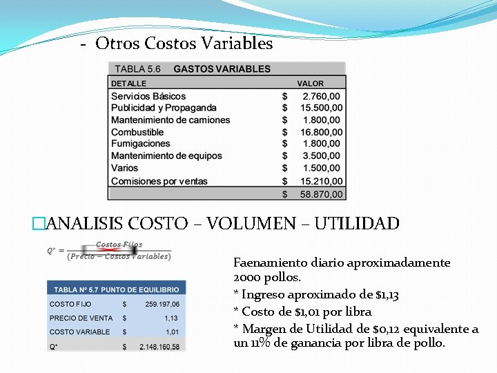 - Otros Costos Variables �ANALISIS COSTO – VOLUMEN – UTILIDAD Faenamiento diario aproximadamente 2000 - Otros Costos Variables �ANALISIS COSTO – VOLUMEN – UTILIDAD Faenamiento diario aproximadamente 2000