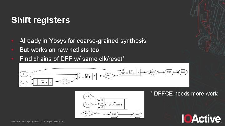 Shift registers • Already in Yosys for coarse-grained synthesis • But works on raw